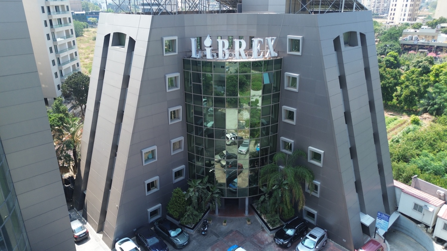 The glazed façade of the Librex building