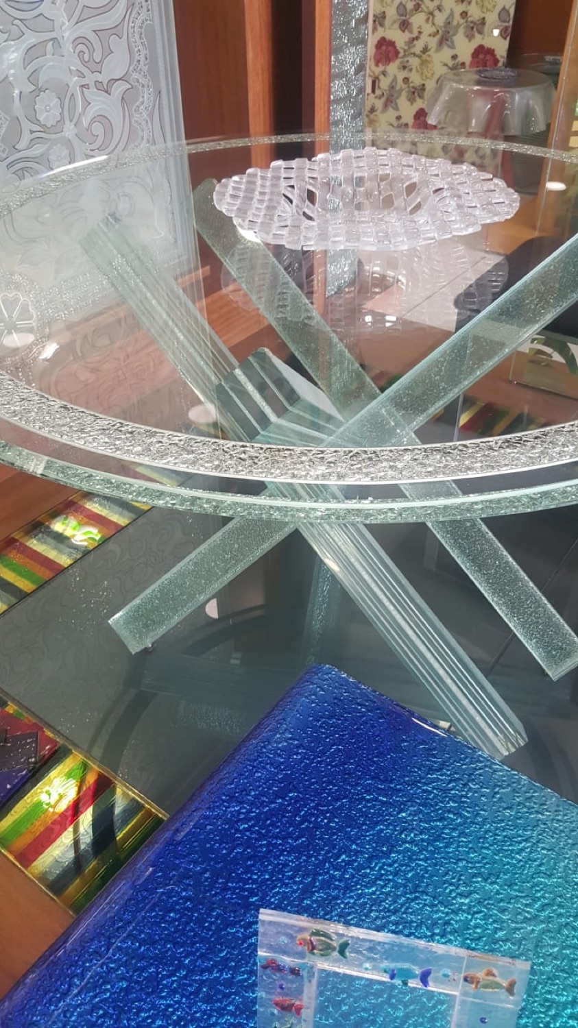 Textured, fused and coloured glass — samples and a finished top
