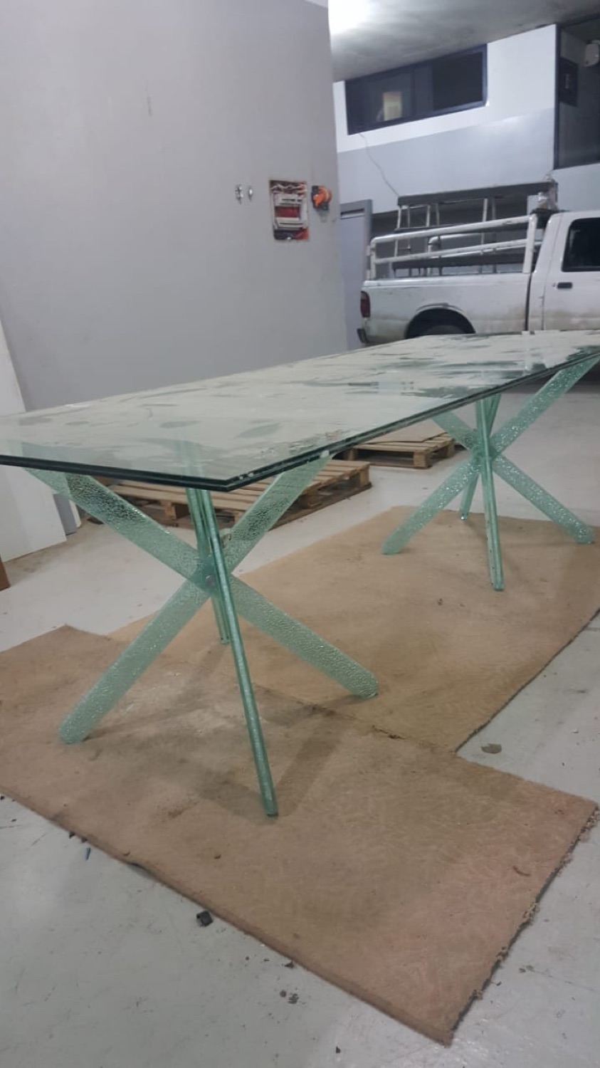 A glass table on glass legs, before delivery