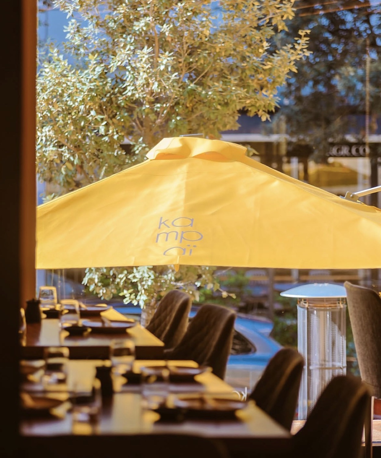 A parasol over the window seats