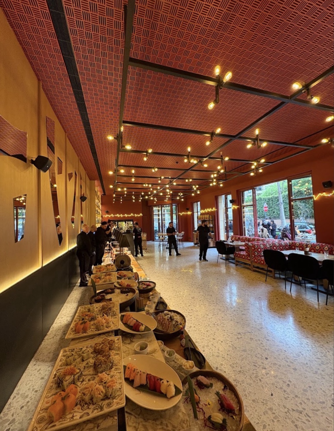 The counter laid out along the room
