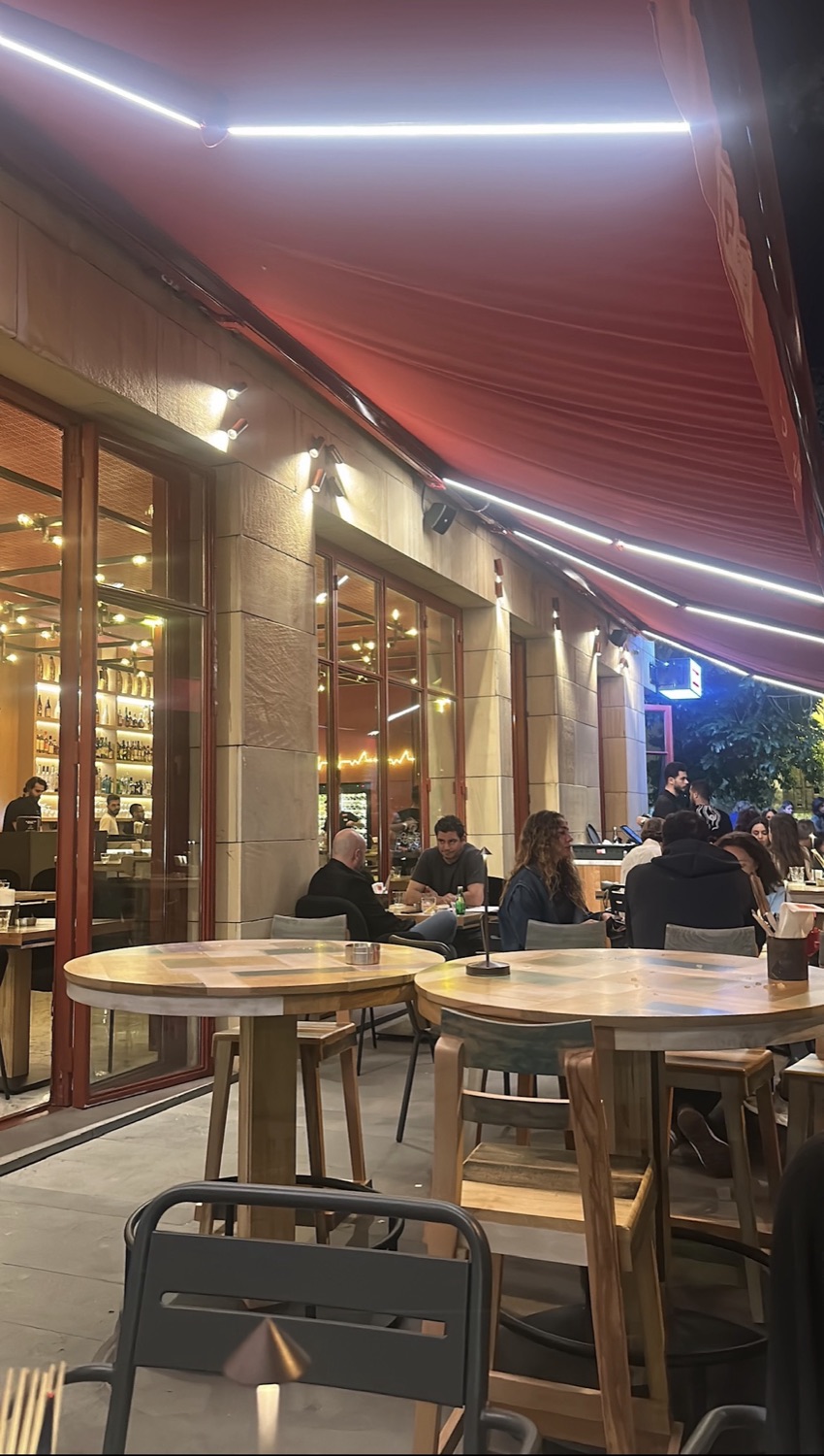 The frontage open onto the street at night