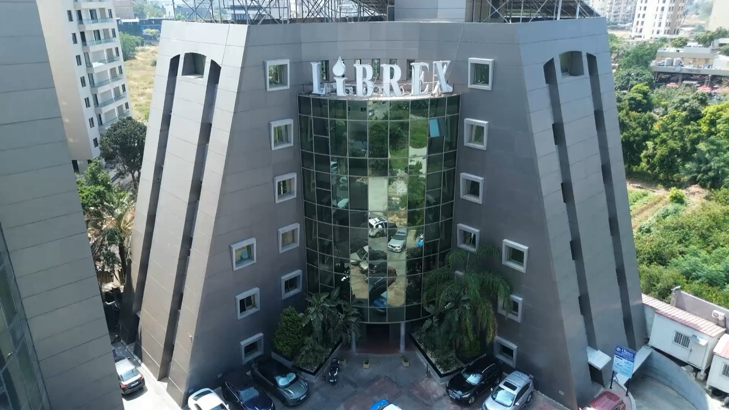 The glazed façade from the air