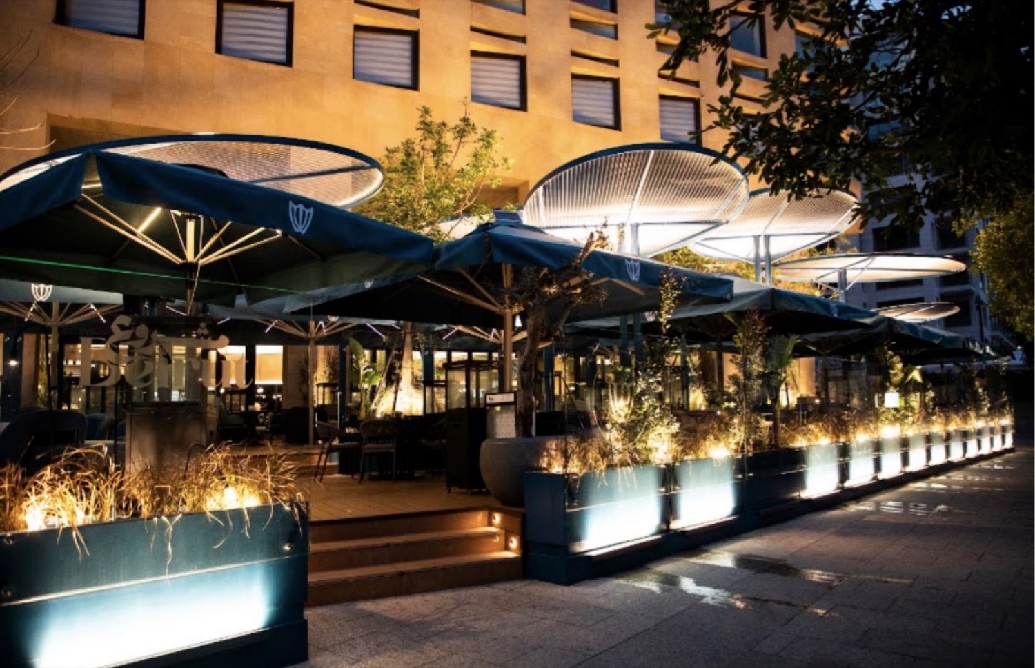 The terrace lit at night