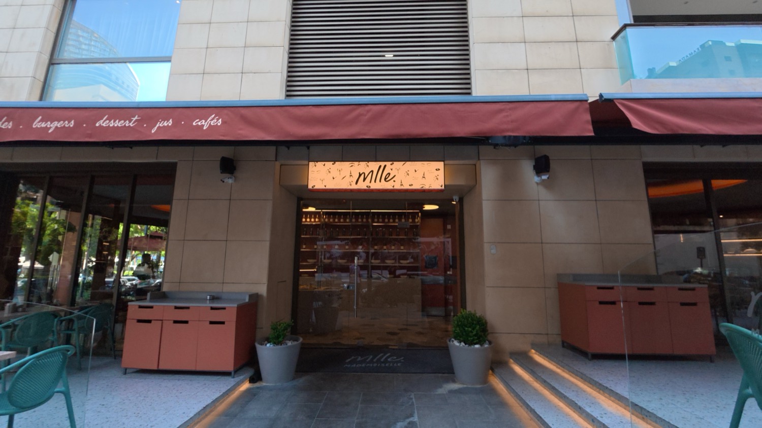 The café frontage beneath its awning