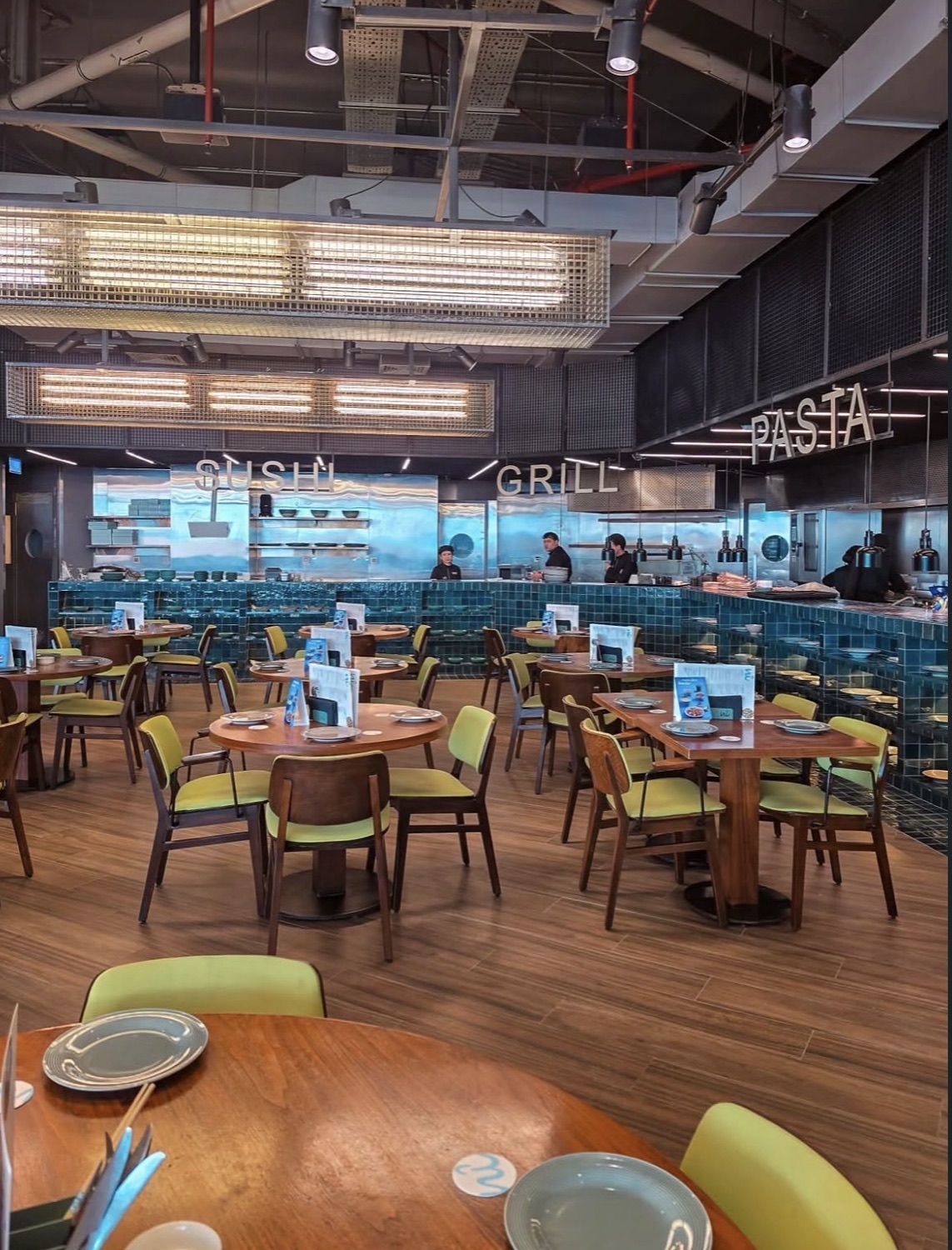 The open sushi, grill and pasta counters