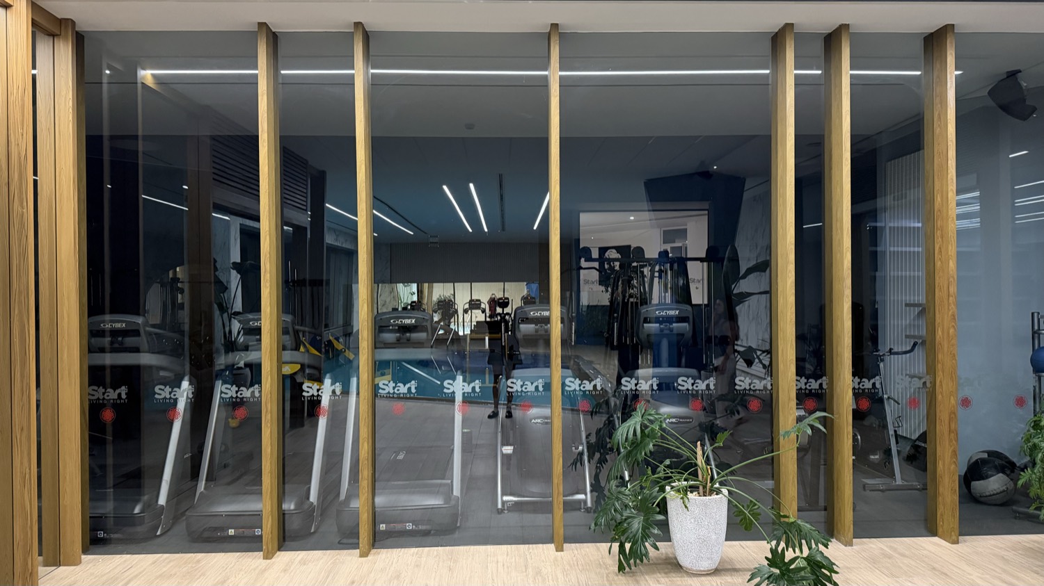 Full-height glazed wall to the gym